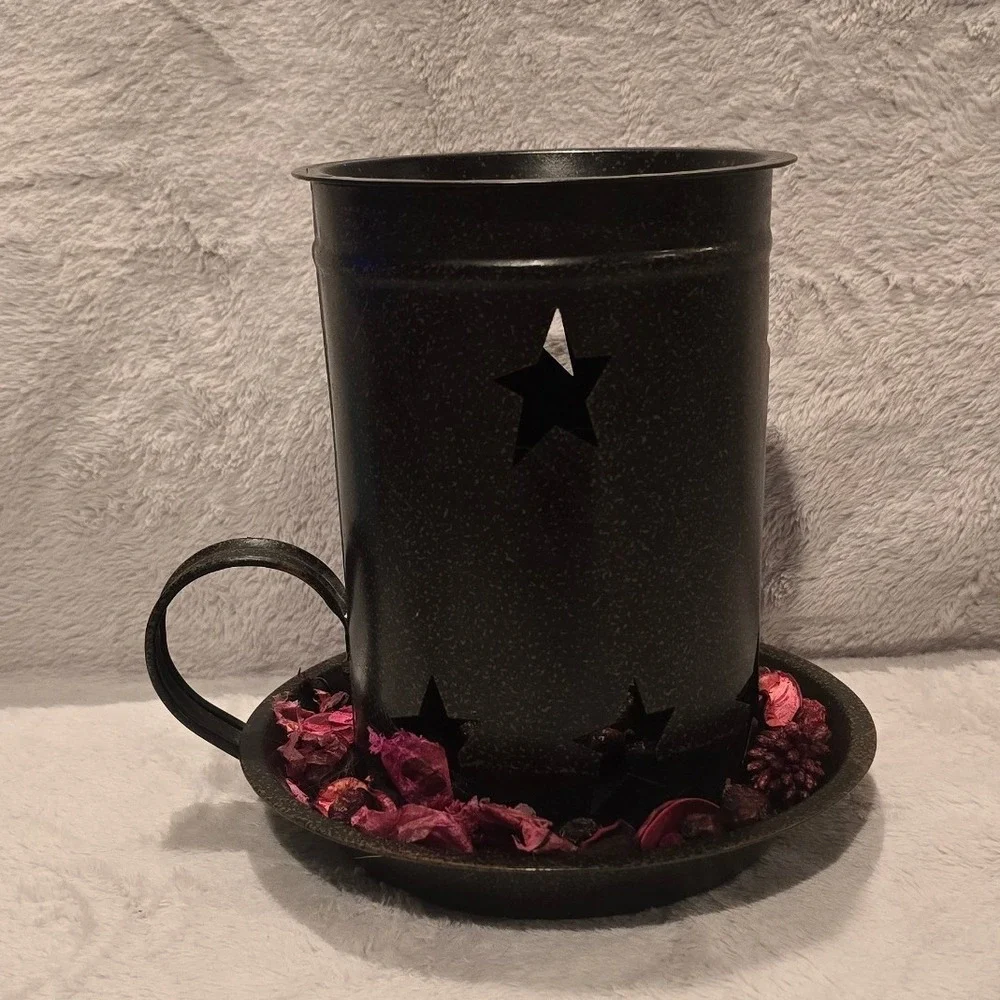 Primitive Black Metal Star Cutout Wax Warmer Tea Light Candle Holder Saucer Set
